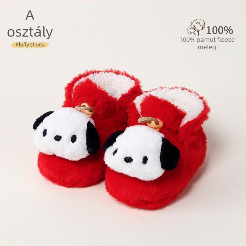 Baba melegen bélelt beltéri cipő műnyúlszőrrel, rajzolt minta, 12–36 hónap, tél, csatokkal záródó