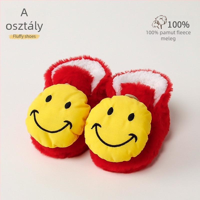 Baba melegen bélelt beltéri cipő műnyúlszőrrel, rajzolt minta, 12–36 hónap, tél, csatokkal záródó