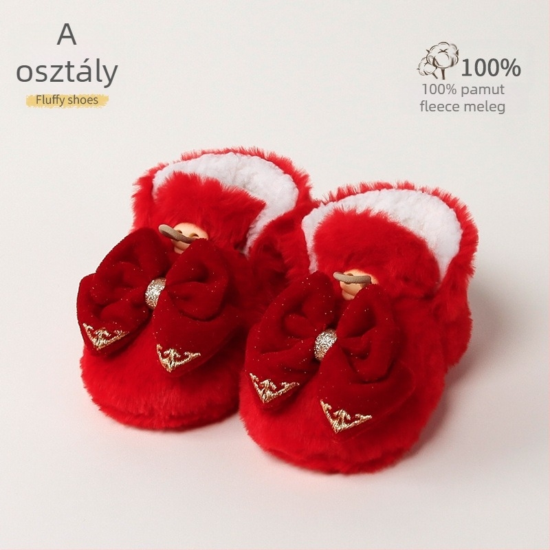 Baba melegen bélelt beltéri cipő műnyúlszőrrel, rajzolt minta, 12–36 hónap, tél, csatokkal záródó