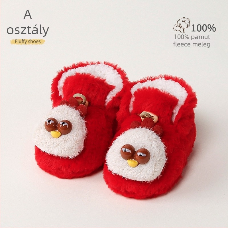 Baba melegen bélelt beltéri cipő műnyúlszőrrel, rajzolt minta, 12–36 hónap, tél, csatokkal záródó