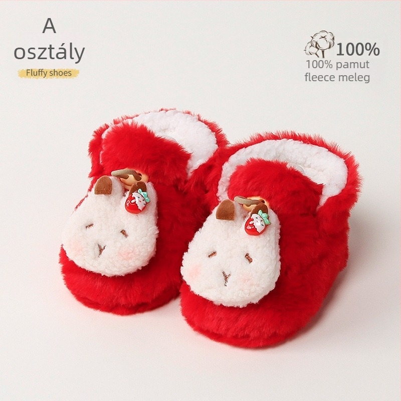 Baba melegen bélelt beltéri cipő műnyúlszőrrel, rajzolt minta, 12–36 hónap, tél, csatokkal záródó