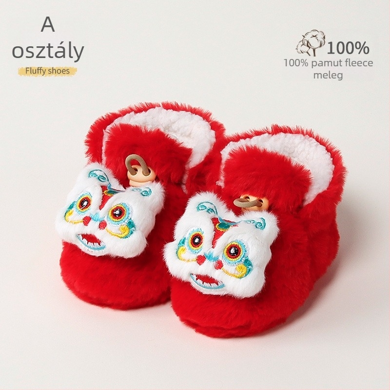Baba melegen bélelt beltéri cipő műnyúlszőrrel, rajzolt minta, 12–36 hónap, tél, csatokkal záródó