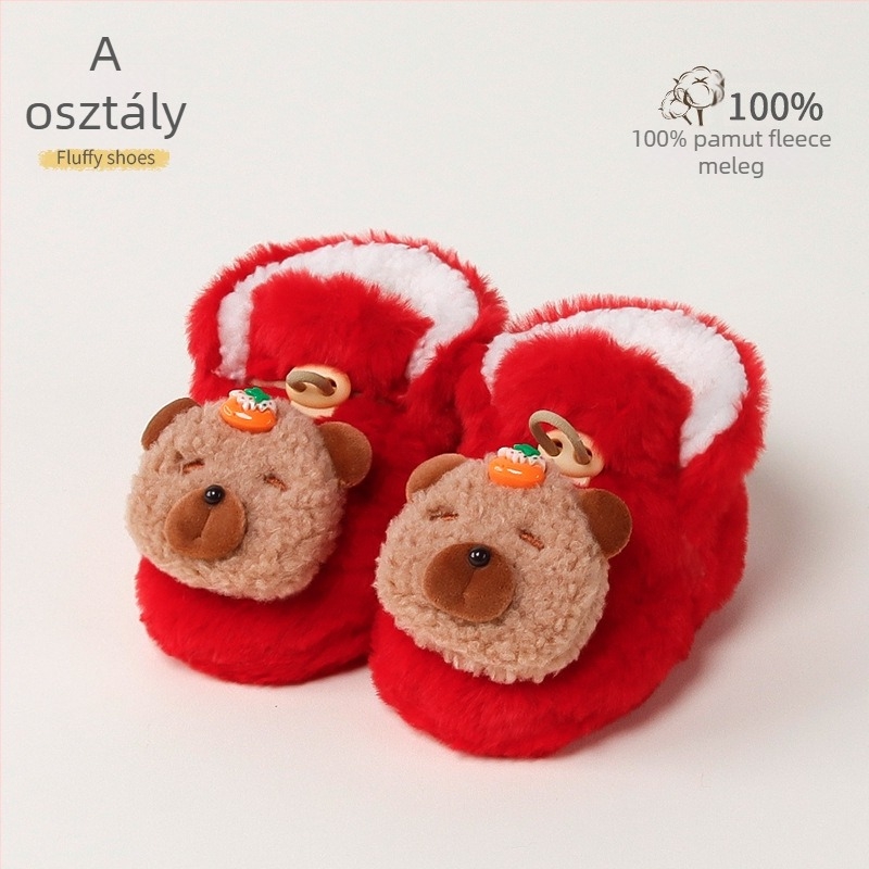 Baba melegen bélelt beltéri cipő műnyúlszőrrel, rajzolt minta, 12–36 hónap, tél, csatokkal záródó