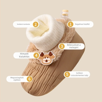Baba téli csizmák puha talppal és velúr béléssel, uniszex pamut felsőrész, rajzfilm minta, csúszásmentes talp