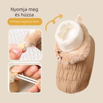 Baba téli csizmák puha talppal és velúr béléssel, uniszex pamut felsőrész, rajzfilm minta, csúszásmentes talp