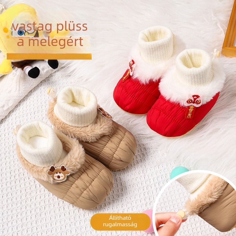Baba téli csizmák puha talppal és velúr béléssel, uniszex pamut felsőrész, rajzfilm minta, csúszásmentes talp