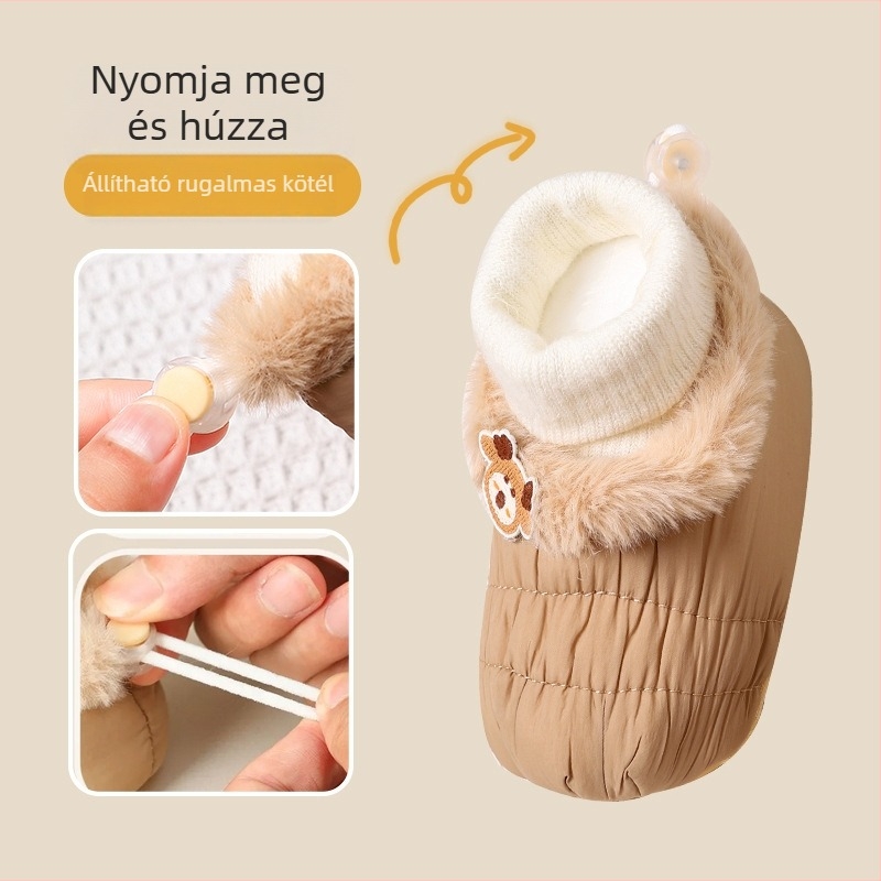 Baba téli csizmák puha talppal és velúr béléssel, uniszex pamut felsőrész, rajzfilm minta, csúszásmentes talp