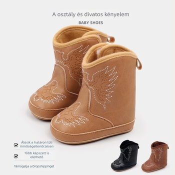Őszi denim lovas stílusú bokacipő babáknak, 0–12 hónap, hímzett mesefigurás dizájn, Velcro-zár