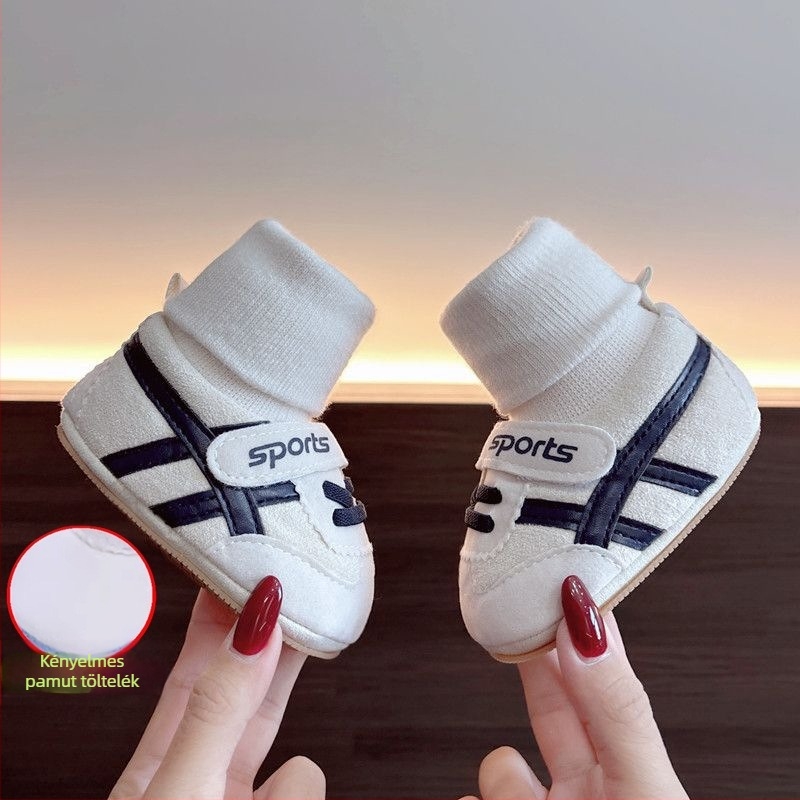 Téli baba cipő puha talppal, uniszex, 0–12 hónap, csúszásmentes, textil anyagból