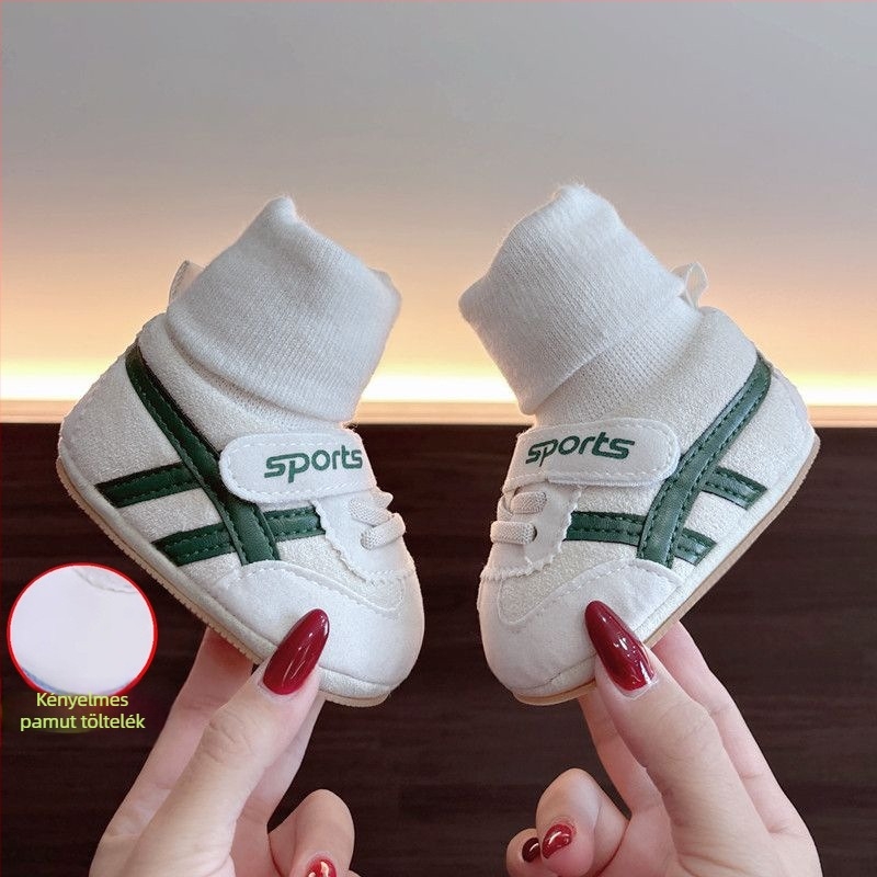 Téli baba cipő puha talppal, uniszex, 0–12 hónap, csúszásmentes, textil anyagból