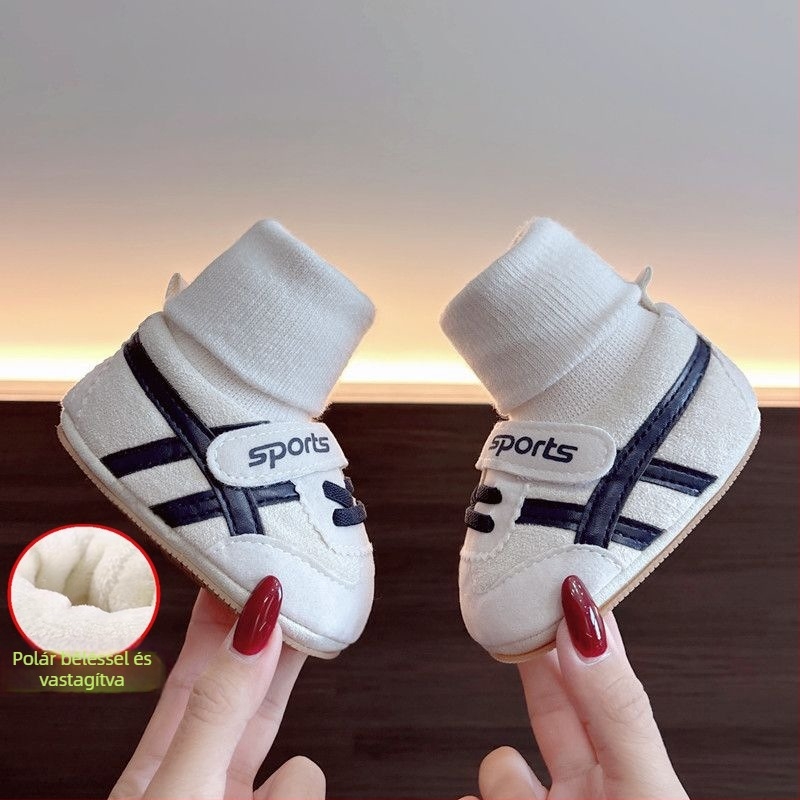 Téli baba cipő puha talppal, uniszex, 0–12 hónap, csúszásmentes, textil anyagból