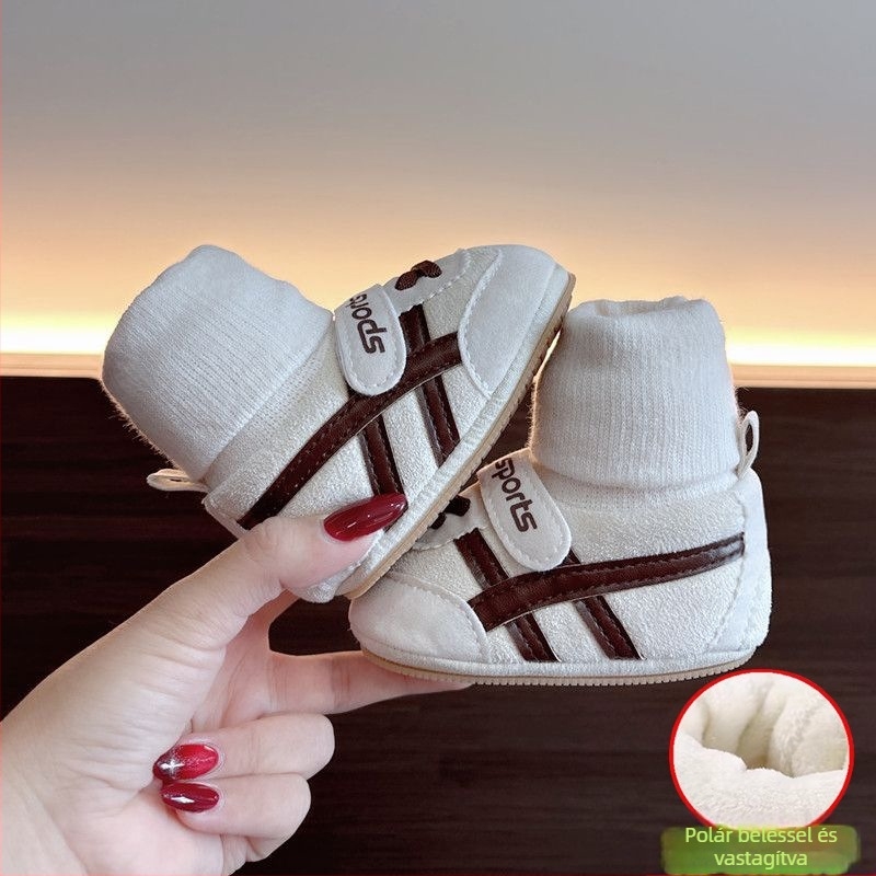 Téli baba cipő puha talppal, uniszex, 0–12 hónap, csúszásmentes, textil anyagból