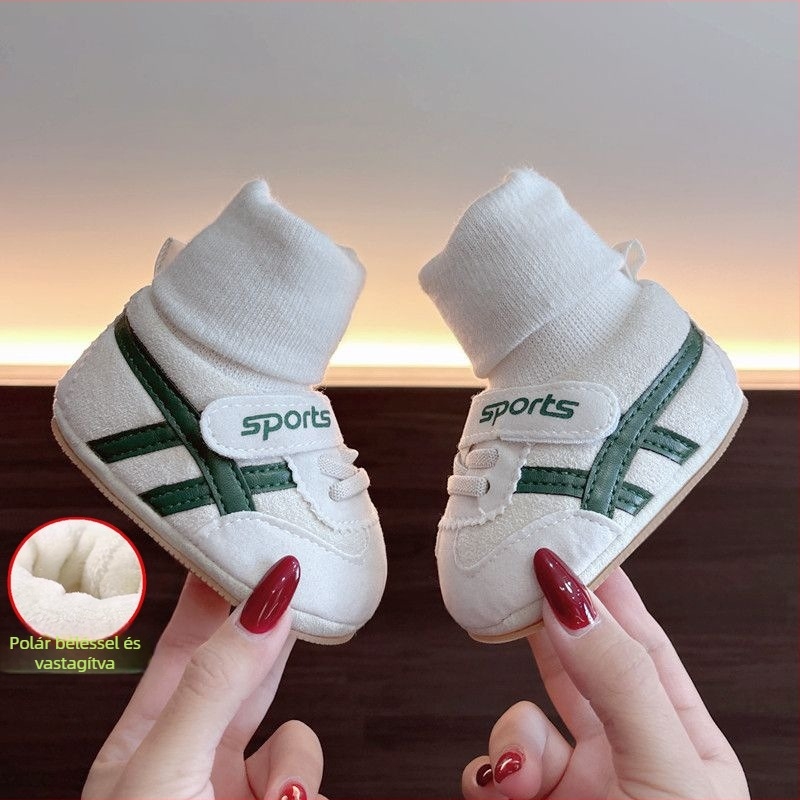 Téli baba cipő puha talppal, uniszex, 0–12 hónap, csúszásmentes, textil anyagból