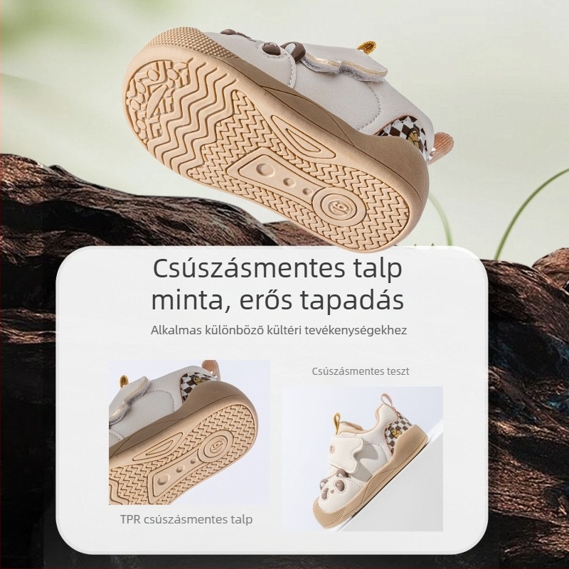 Baba járófelsőcipő – uniszex, mikroszálas bőr felsőrész, lélegző, csúszásmentes talp, kartún minta, 12–36 hónapos korosztály, ősz 2025