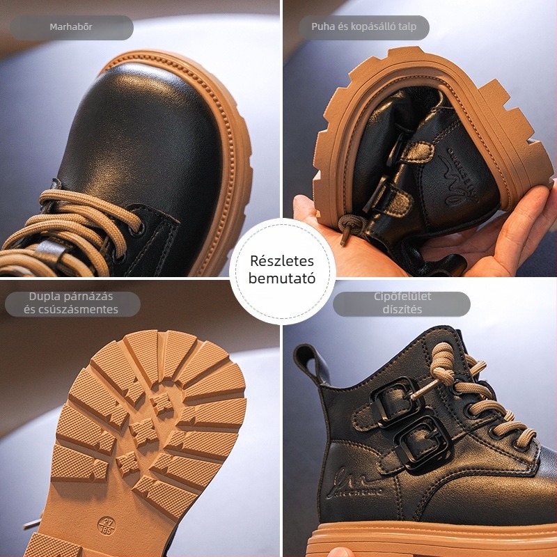 Gyerekeknek készült bőrből készült bakancs fleece belsővel, bőr felső rész, gumírozott talppal, oldalsó cipzárral, középmagasságú, 4–16 éveseknek