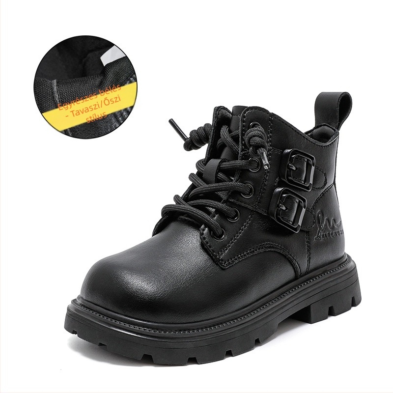 Gyerekeknek készült bőrből készült bakancs fleece belsővel, bőr felső rész, gumírozott talppal, oldalsó cipzárral, középmagasságú, 4–16 éveseknek