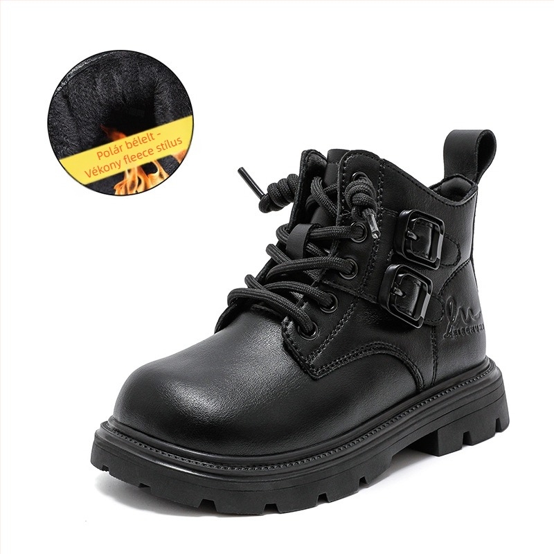 Gyerekeknek készült bőrből készült bakancs fleece belsővel, bőr felső rész, gumírozott talppal, oldalsó cipzárral, középmagasságú, 4–16 éveseknek