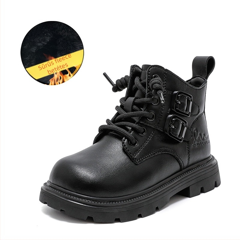 Gyerekeknek készült bőrből készült bakancs fleece belsővel, bőr felső rész, gumírozott talppal, oldalsó cipzárral, középmagasságú, 4–16 éveseknek