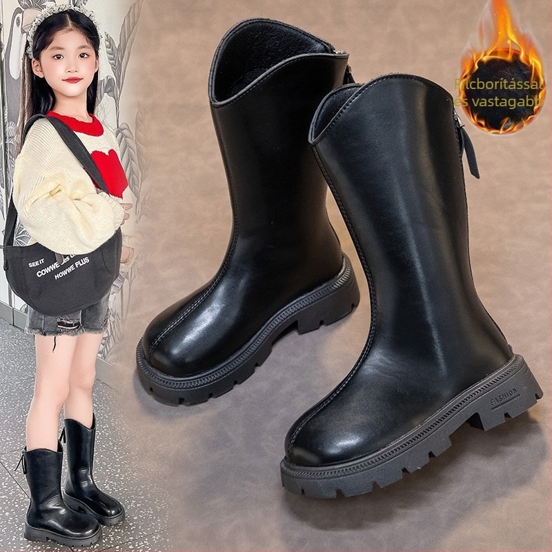 Lányoknak készült magas téli csizma, 2025-ös modell, felsőrész műbőr, talp gumi, hátul cipzár, meleg és csúszásmentes, 4–16 éves korosztálynak