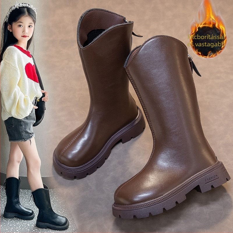Lányoknak készült magas téli csizma, 2025-ös modell, felsőrész műbőr, talp gumi, hátul cipzár, meleg és csúszásmentes, 4–16 éves korosztálynak