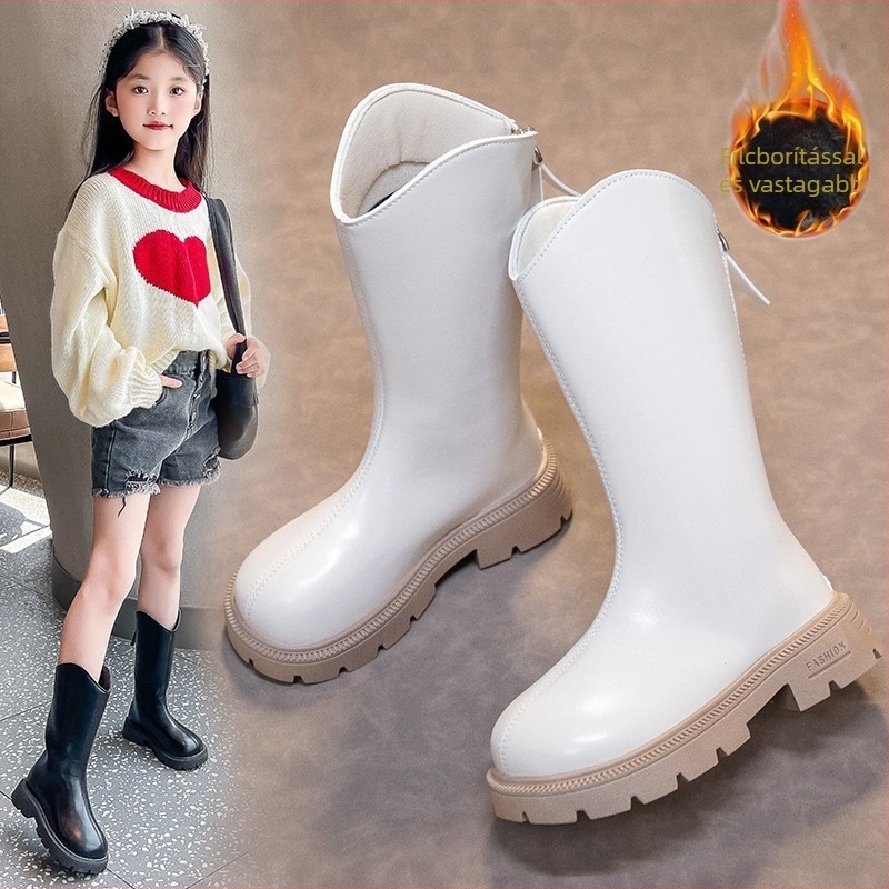 Lányoknak készült magas téli csizma, 2025-ös modell, felsőrész műbőr, talp gumi, hátul cipzár, meleg és csúszásmentes, 4–16 éves korosztálynak