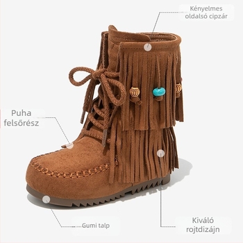 Gyerekeknek készült gyöngyös rojtos retro suede magas szárú bakancs lányoknak, 2025 ősz-tél