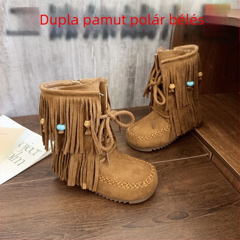 Gyerekeknek készült gyöngyös rojtos retro suede magas szárú bakancs lányoknak, 2025 ősz-tél