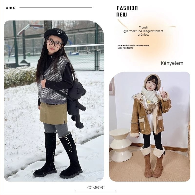Lányok téli térdig érő bakancsok fleece-bélésessel, bőrből, 1–3 éveseknek