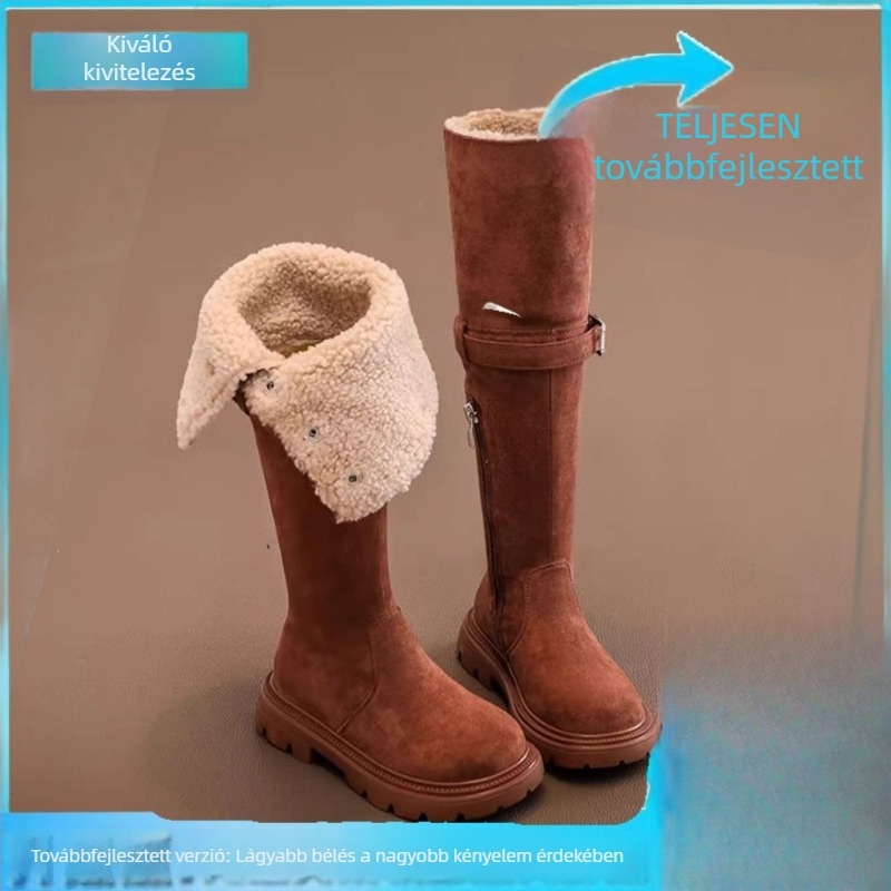 Lányok téli térdig érő bakancsok fleece-bélésessel, bőrből, 1–3 éveseknek