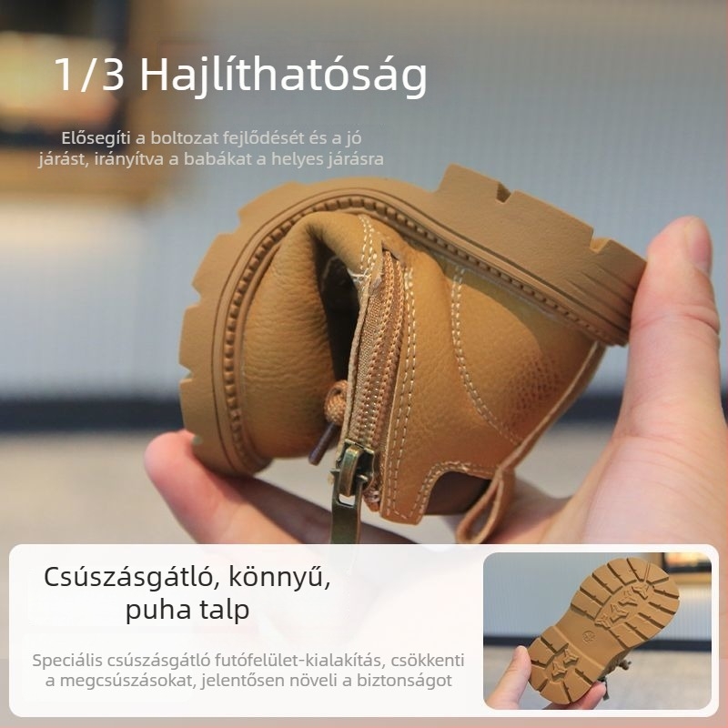 Gyerekeknek szóló Martin csizma brit stílusban, műbőr, oldalsó cipzár, csúszásmentes PVC talp, rövid bokacipő 1-3 éveseknek