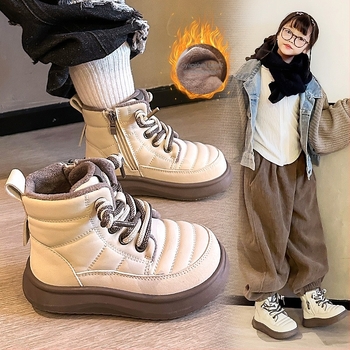 Gyerek téli csizma fleece béléssel, PU felsőrész, oldalsó cipzár, vastag gumitalp, unisex