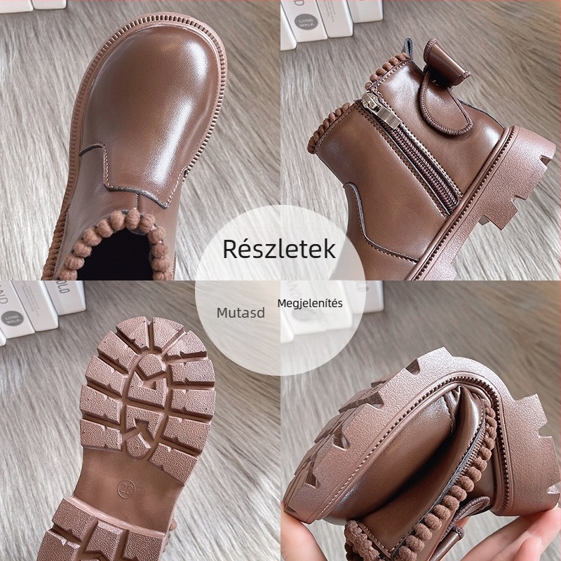 Lányoknak készült Martin-stílusú csizma fleece béléssel, felső műbőr, gumí talp, hátul cipzár, masni