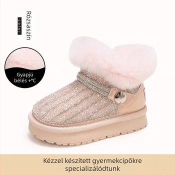 Gyerekek téli hócsizmája, 2025-ös tél, Koreai stílus, gyöngy- és kristálydíszítésű hercegnő modell, lányoknak, fleece béléses, meleg