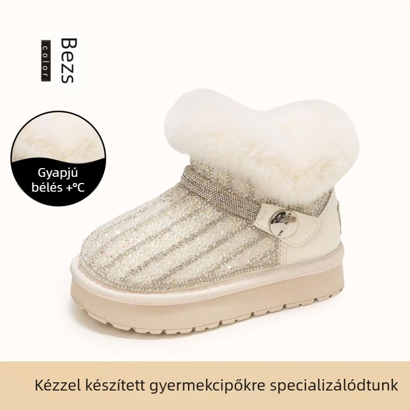 Gyerekek téli hócsizmája, 2025-ös tél, Koreai stílus, gyöngy- és kristálydíszítésű hercegnő modell, lányoknak, fleece béléses, meleg