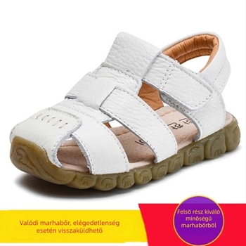 Gyerekeknek készült valódi bőrből készült zárt orrú szandál, puha talpú csúszásmentes strandcipő, Velcro-zár