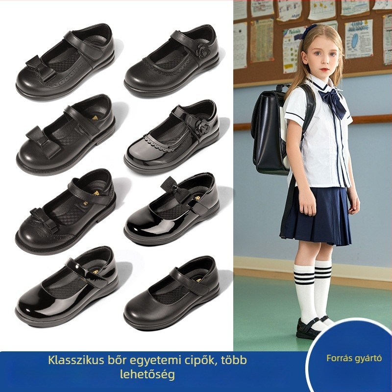 Lányoknak készült bőrből készült cipő, fekete, nyár, csúszásmentes, Velcro-zár, iskolai hercegnő cipő