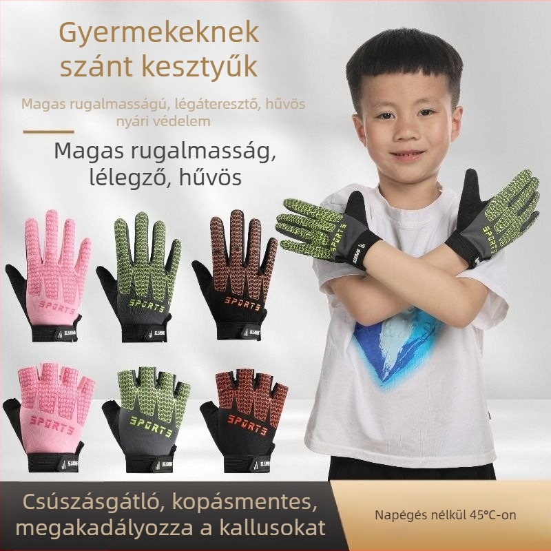 Gyerekek külső sport kesztyűi – csúszásmentes, lélegző, kopásálló, poliészterből, félujjas kialakítás, 4–12 éveseknek, nyár és ősz