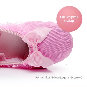 Lányoknak szóló tánccipő vászon felsőrésszel, csipkés masnival, bőr talppal, lélegző, könnyű, balett és modern tánc