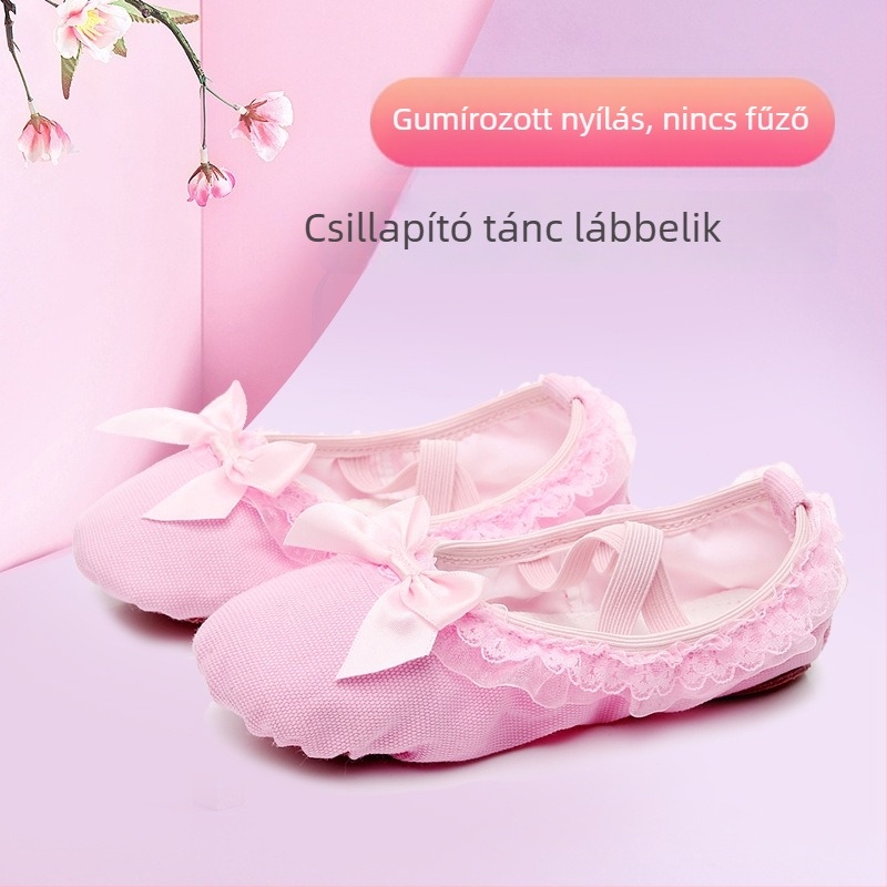 Lányoknak szóló tánccipő vászon felsőrésszel, csipkés masnival, bőr talppal, lélegző, könnyű, balett és modern tánc