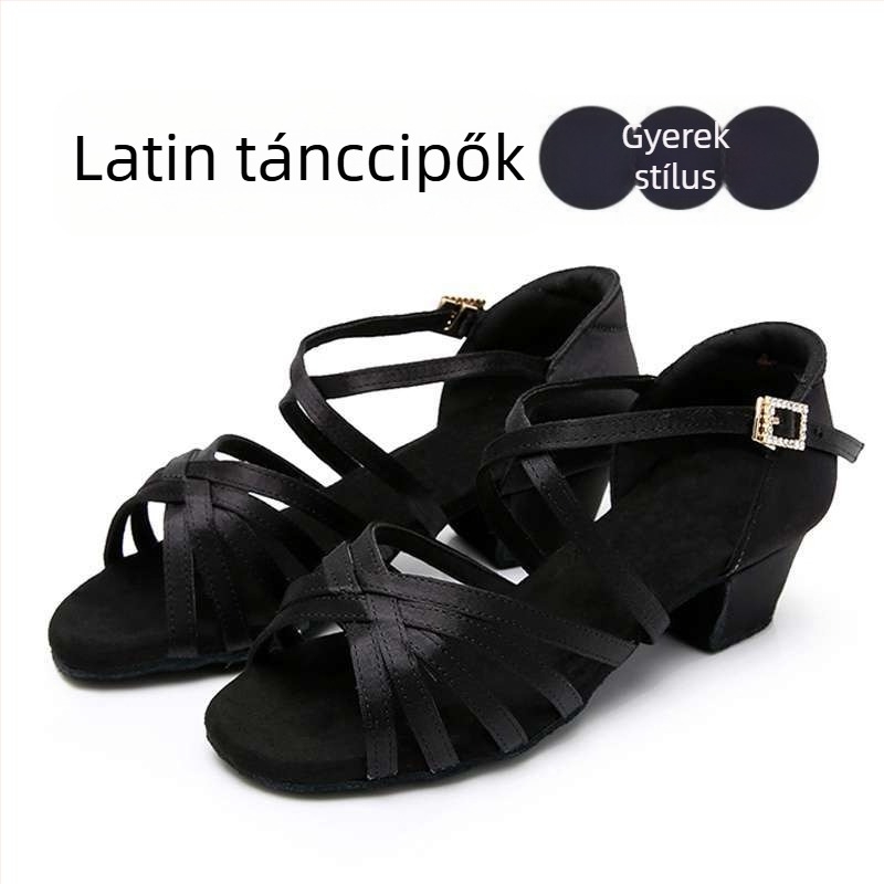Latin tánccipő gyerekeknek, valódi bőr talp, lapos sarok, kezdőknek társastánchoz.