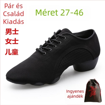 Tánccipők - középmagas sarok, puha talp, légáteresztő latin- és modern tánc cipők, gumitalp, felsőrész: szintetikus bőr és háló, egész évben használható