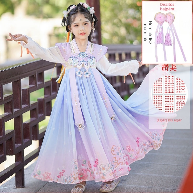 Lányok Hanfu Tang-ruha – virágmintás, fő anyag 95% poliészter, bélés poliészter, tavasz–ősz viselet, kínai stílus