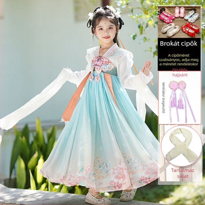 Lányok Hanfu Tang-ruha – virágmintás, fő anyag 95% poliészter, bélés poliészter, tavasz–ősz viselet, kínai stílus