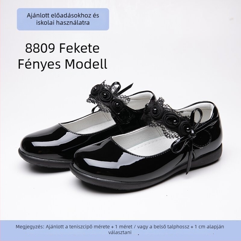 Valódi bőrből készült gyerekcipő, fekete, iskola és színpadi előadásokhoz, hercegnő stílus