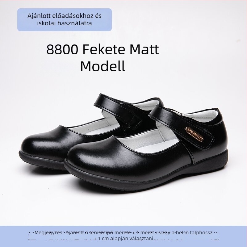 Valódi bőrből készült gyerekcipő, fekete, iskola és színpadi előadásokhoz, hercegnő stílus