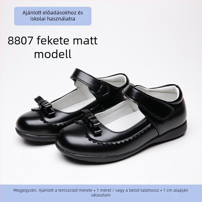 Valódi bőrből készült gyerekcipő, fekete, iskola és színpadi előadásokhoz, hercegnő stílus