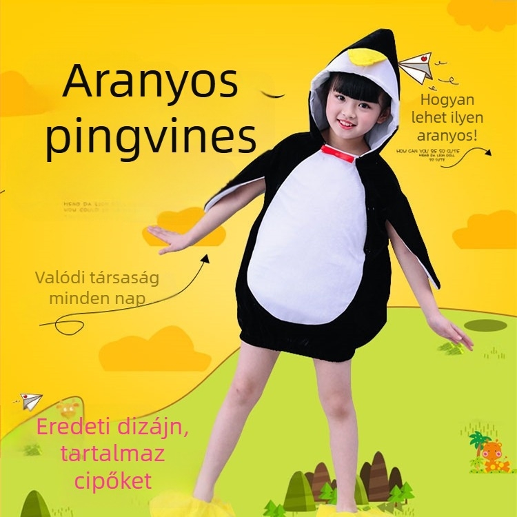 Pingvin témájú gyermekeknek készült előadásruha, uniszex, gyakorló tánchoz, kordbársony anyag, Vinylon rost, csiszolt felület, 3–8 évesek