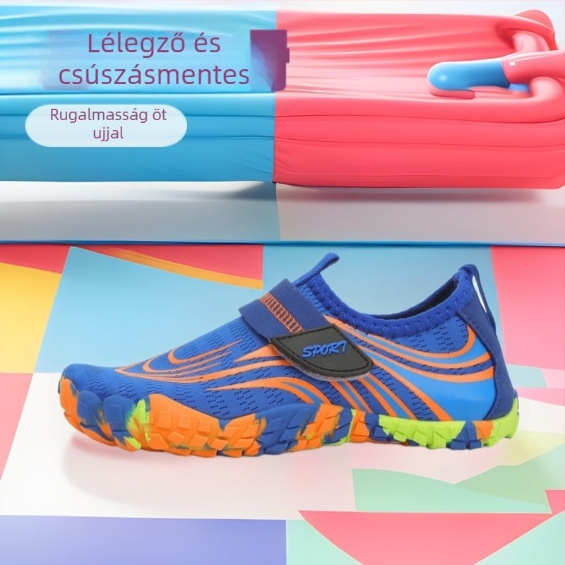 Gyerekeknek készült ötujjas vízicipő – partira és úszáshoz, lélegző felsőrész hálószövetből, Velcro-zár, alacsony profil, csúszásmentes gumitalp