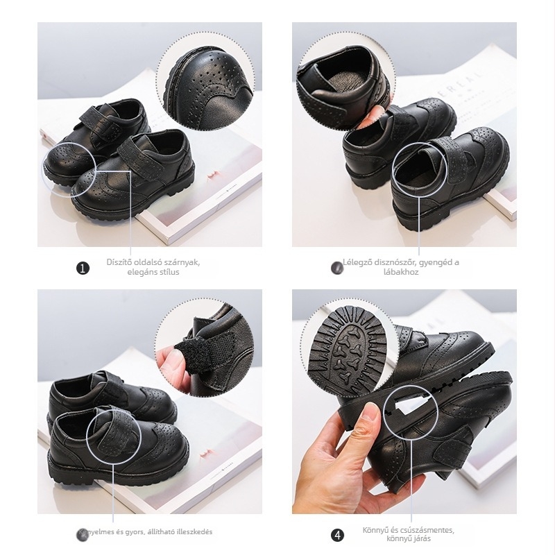 Kisgyermek bőrből készült cipő puha talppal, Velcro-zár, felső rész első osztályú marhabőr, EVA talpbetét, angol stílus