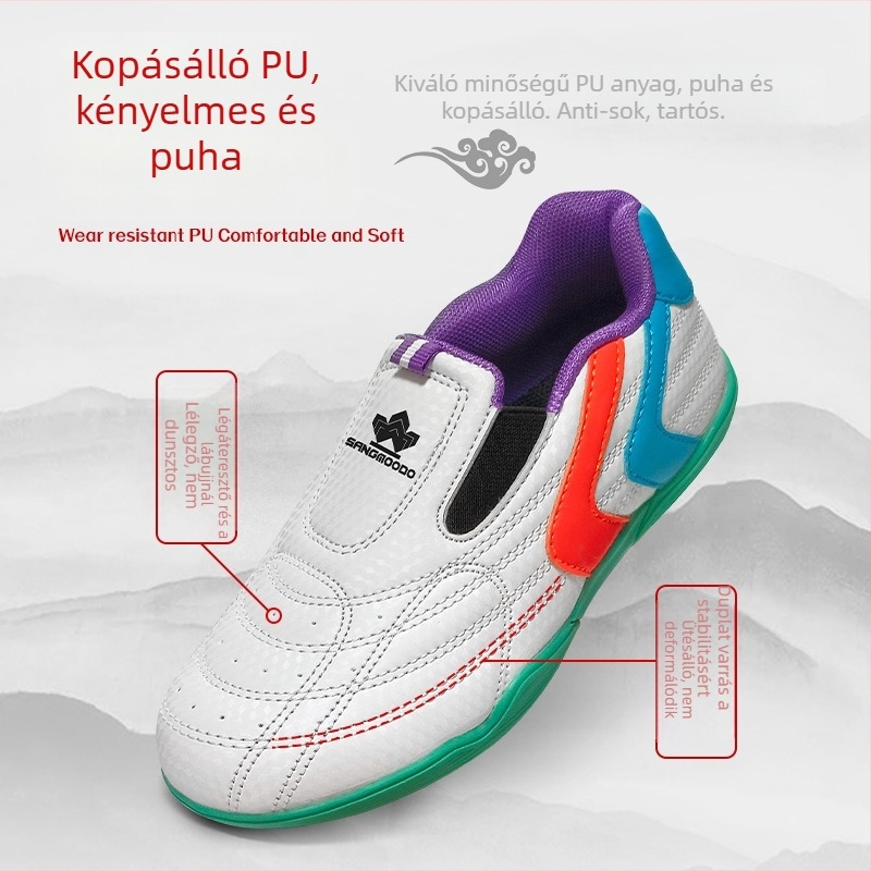 Taekwondo edzőcipő - könnyű, csúszásmentes, lélegző, izzadtságot felszívó, kopásálló; felsőrész PU, talp természetes gumi